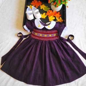 Velvet Hand-Smocked Embroidered Baby Girl Dress. Special Occasion Dress. 12M